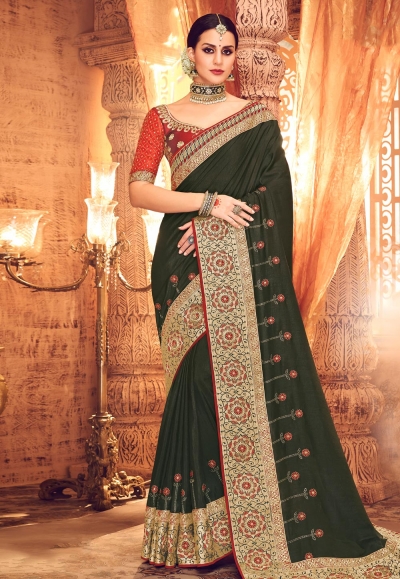 Olive green satin party wear saree  1908